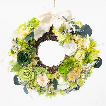 Green, White and Champagne Rose Preserved Flower Wreath