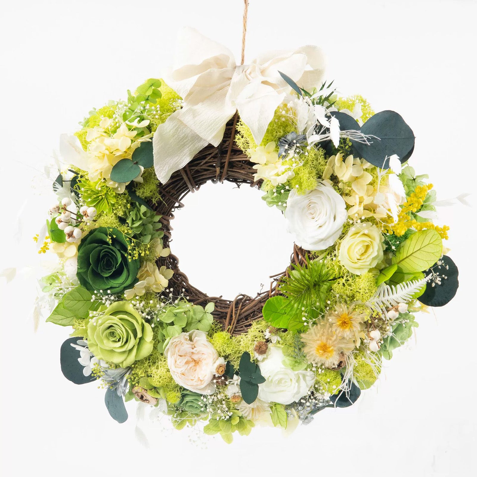 Green, White and Champagne Rose Preserved Flower Wreath